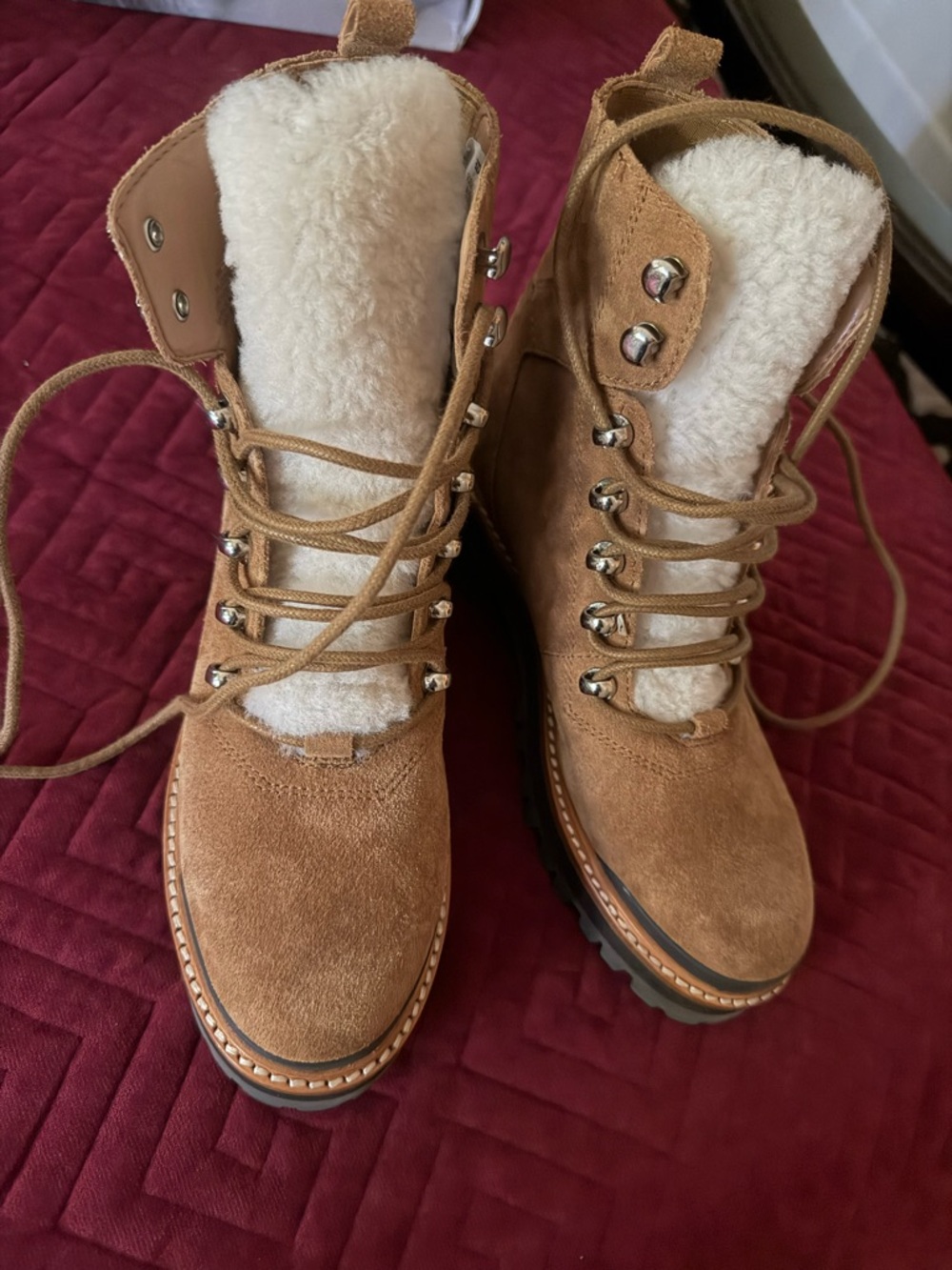 Cozy Tan Suede Shearling-Trim Lace-Up Winter Boots